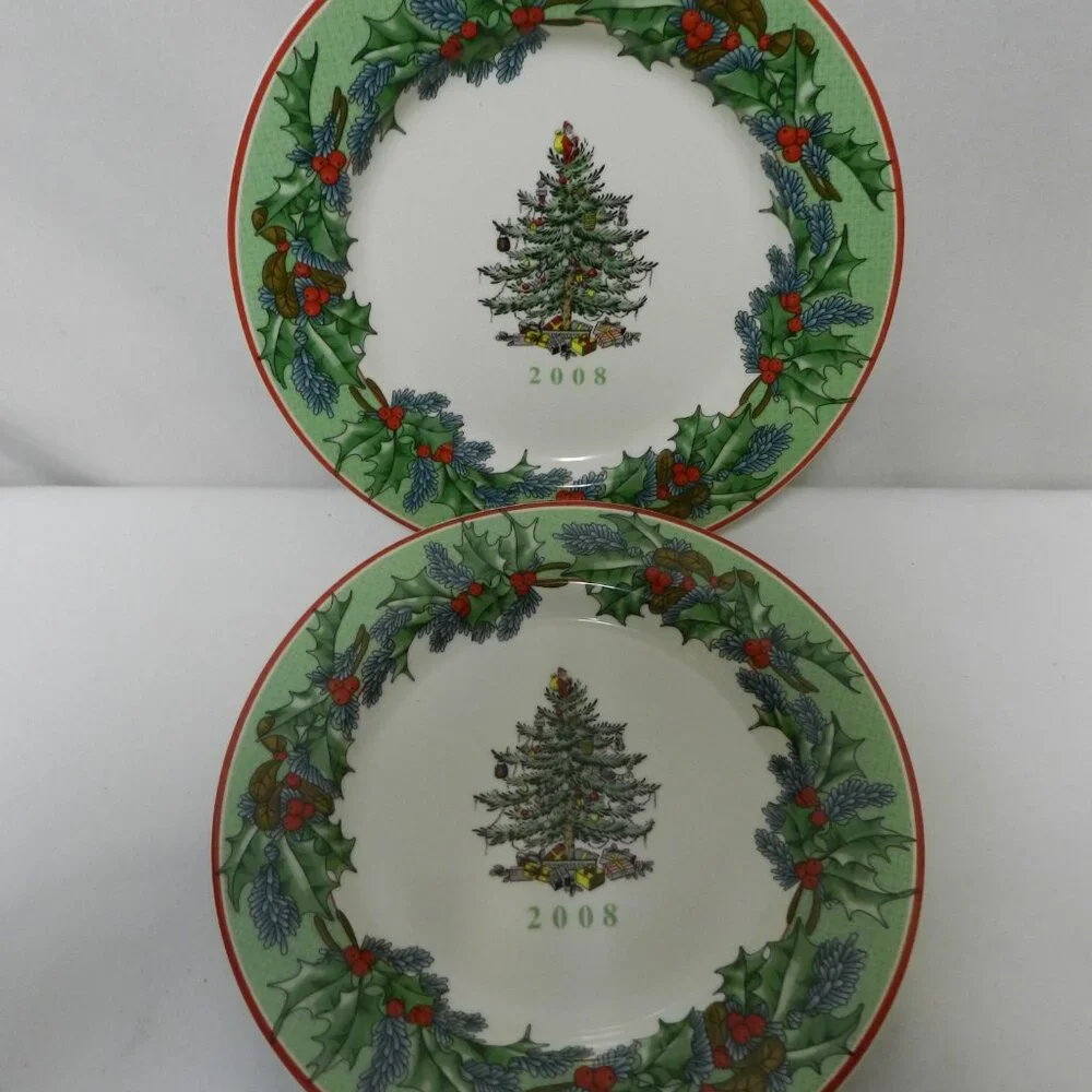 Spode 2008 Christmas salad side dessert Vintage Plate S3324 Porcelain Set Pair 2